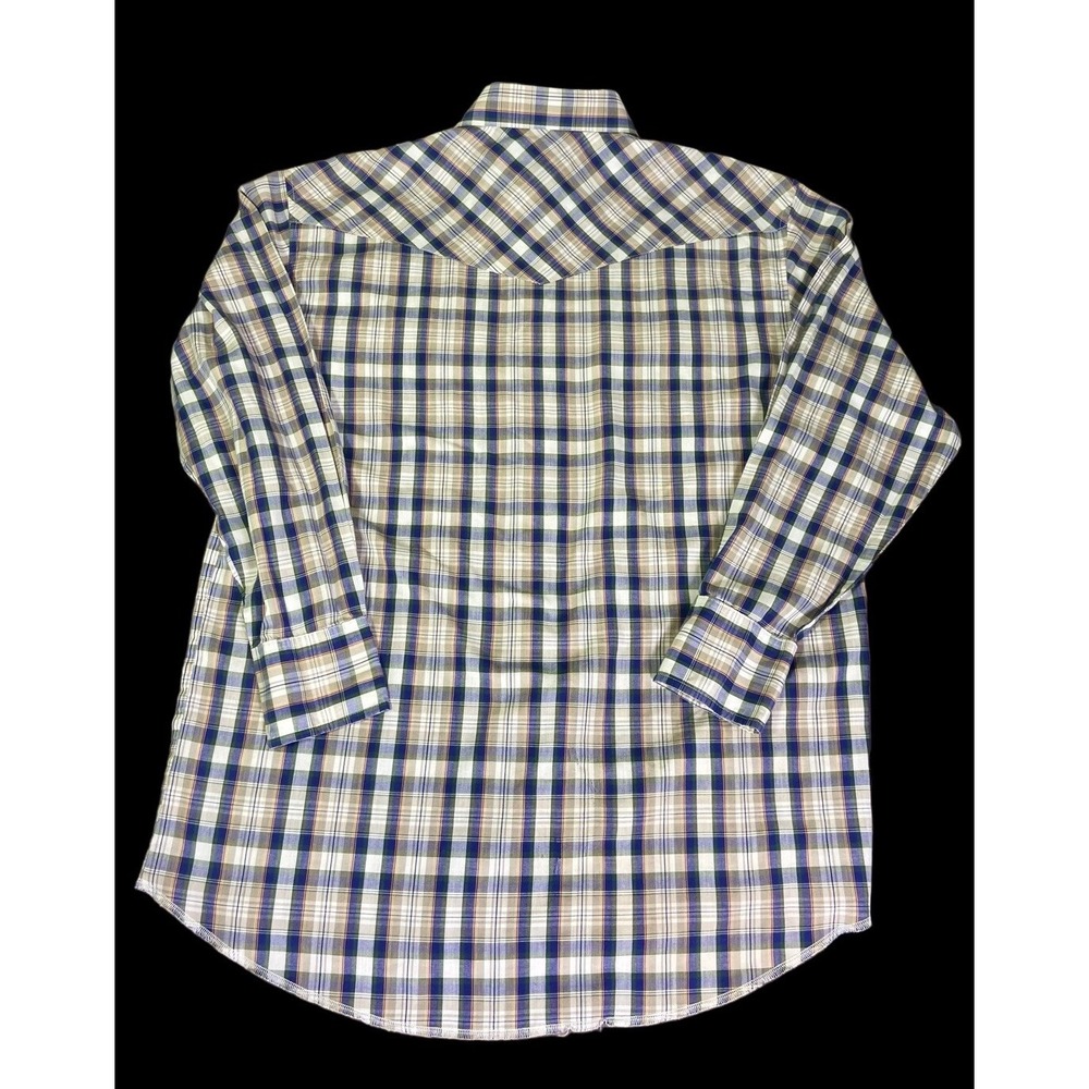 Wrangler Single Needle Mens Blue Plaid Pearl Snap Long Tail‎ Size XL - Picture 2 of 13